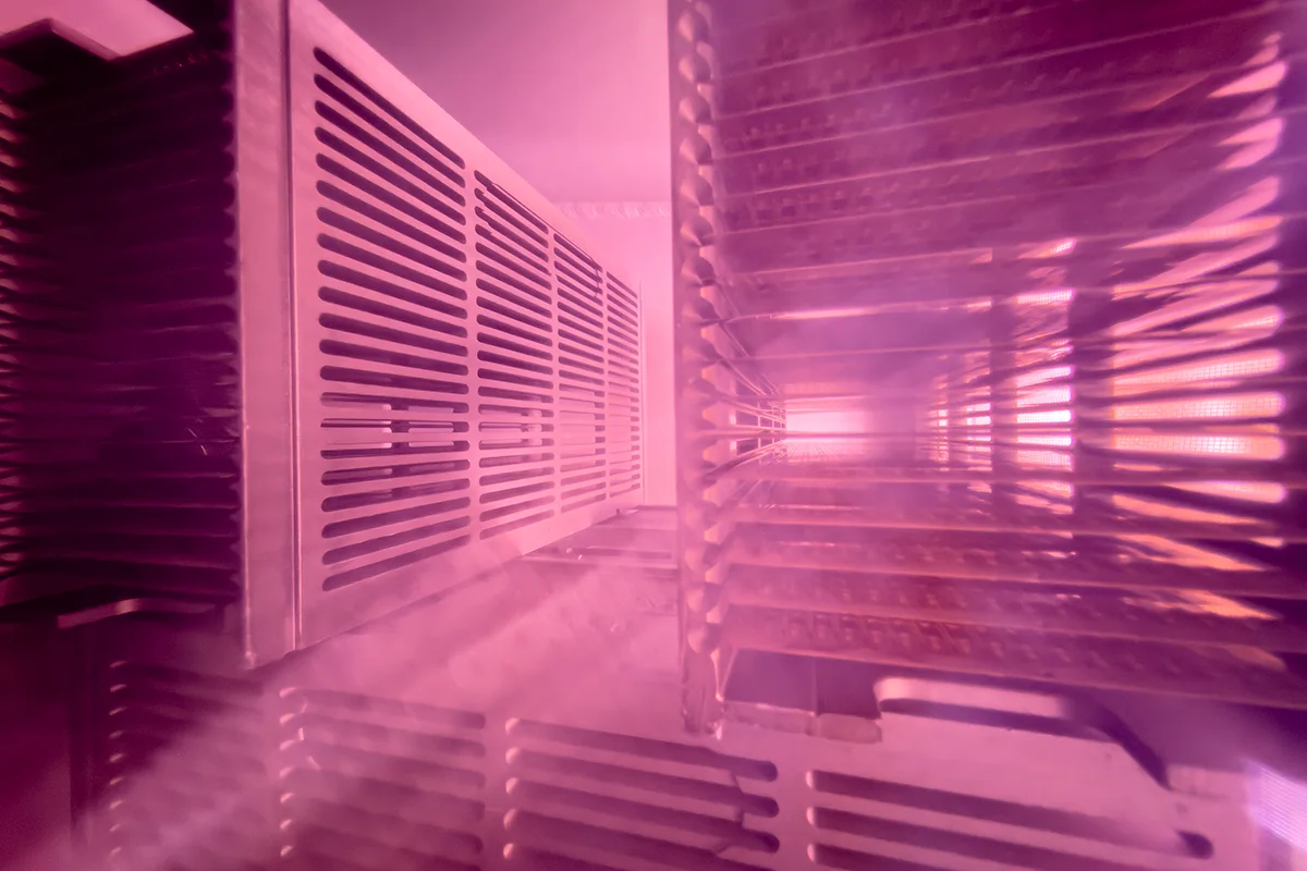 Plasma backend interior view with vivid pink-purple plasma glow and grid electrodes.