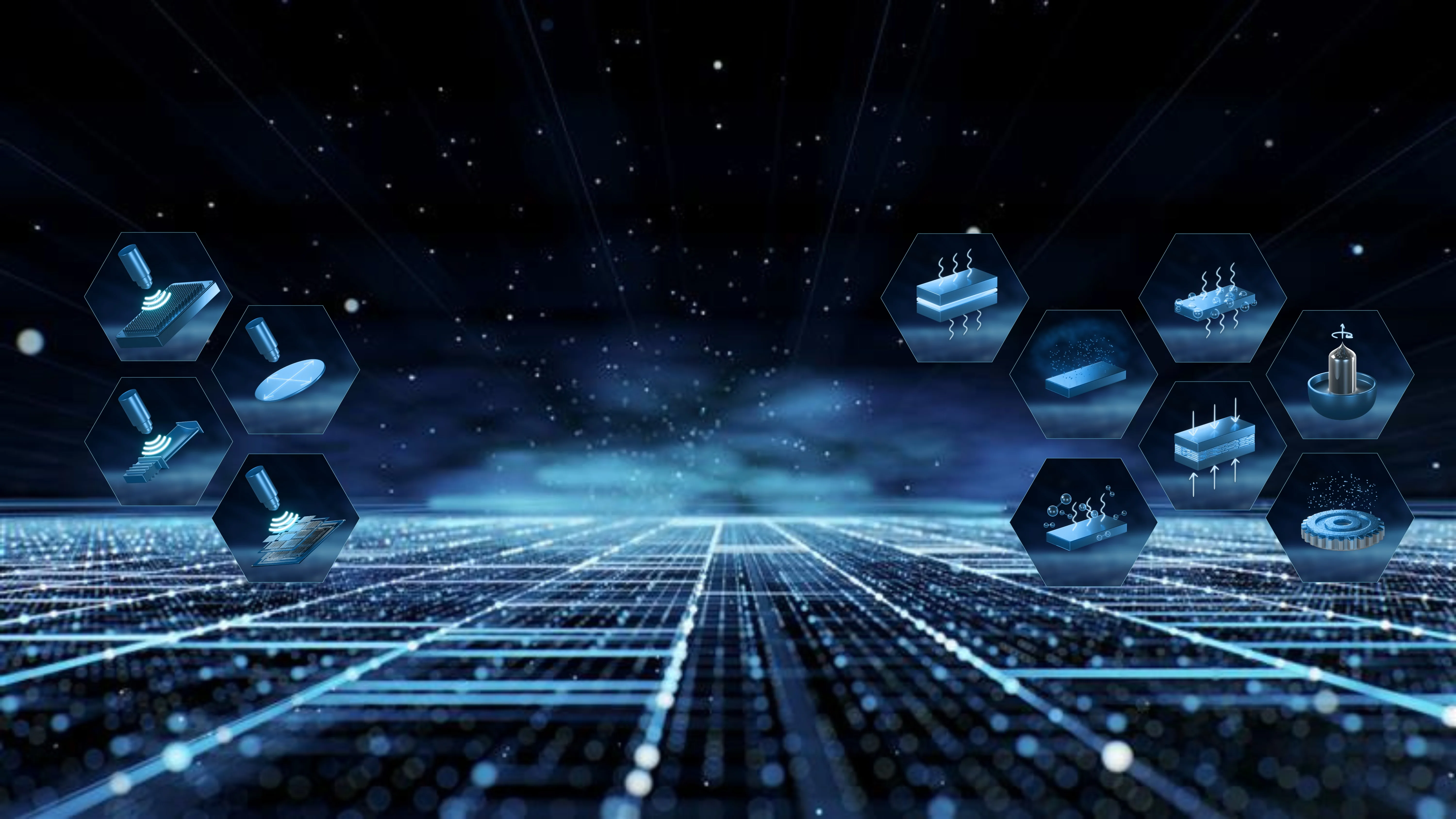 Abstract blue-toned digital landscape with glowing data connections and floating hexagonal cells, each displaying a key visual representing PVA TePla’s technologies