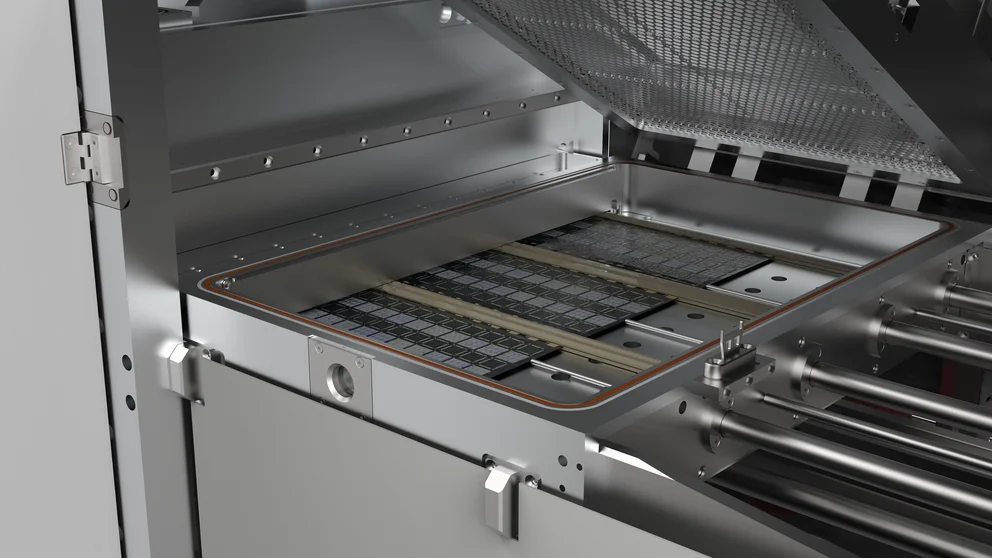 Plasma backend system detail view showing metallic electrode grid and interior components.