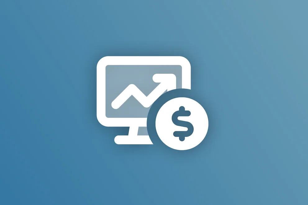 Icon of a screen with a rising chart and a dollar symbol on a blue background.