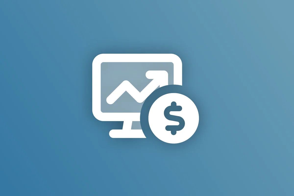 Icon of a screen with a rising chart and a dollar symbol on a blue background.
