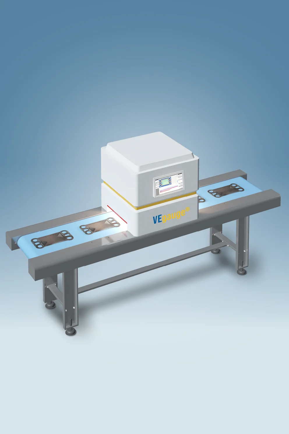 VEgauge, inline inspection system with conveyor belt and compact control unit.