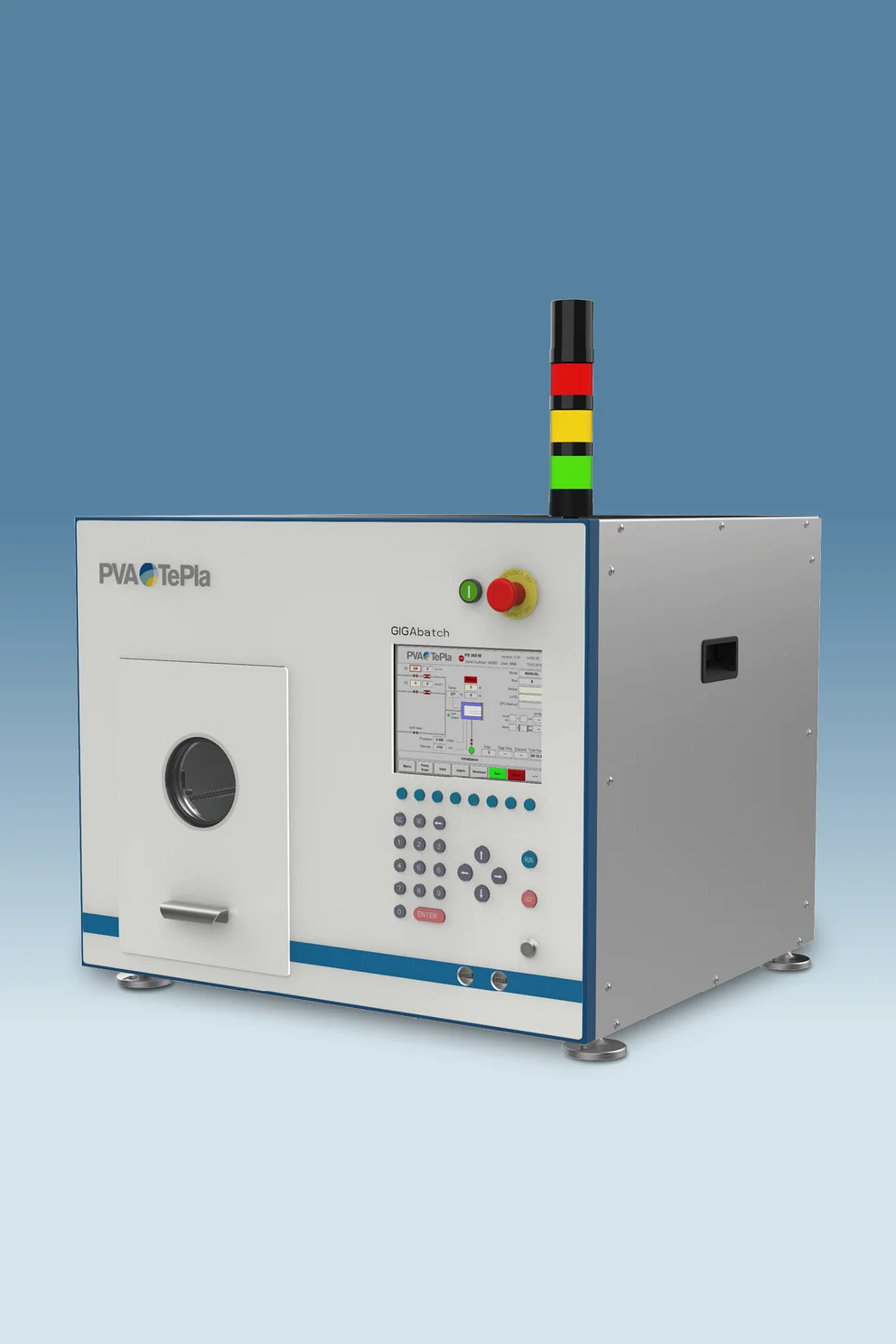 Gigabatch 310 frontend plasma system with closed chamber door and signal tower.