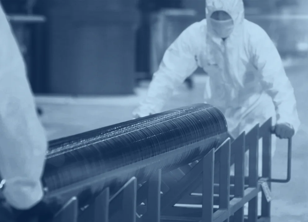 Operator moving a grown crystal inside a crystal growth facility