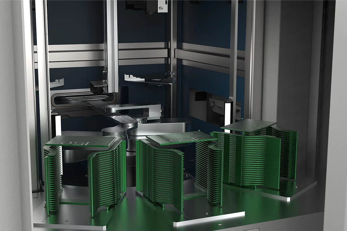 Gigafab Modular detail view showing green wafer carriers inside the chamber.