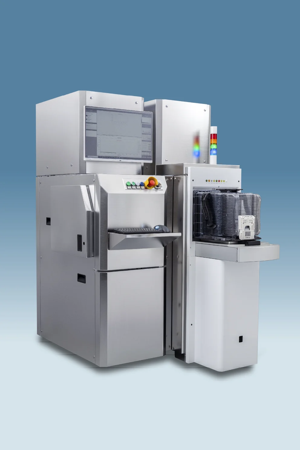 VEreveal, industrial inspection system with monitor, control panel, signal light, and wafer handler.