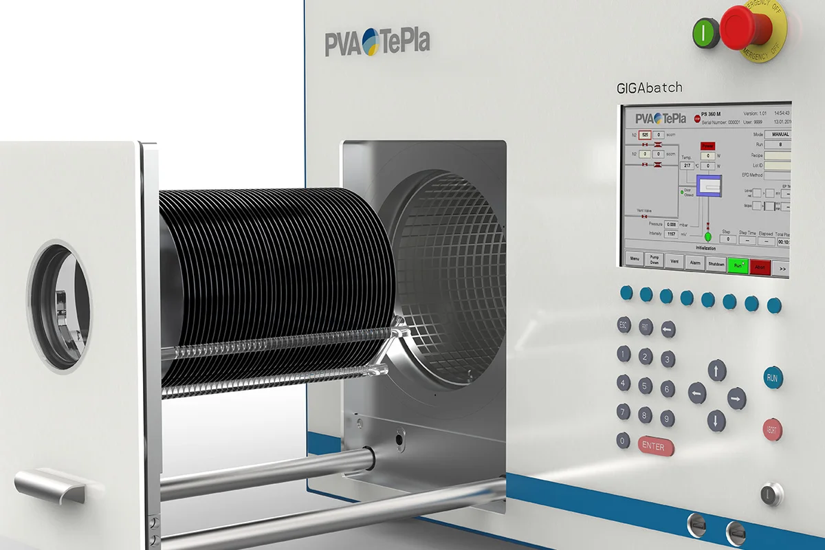 Giga Batch frontend plasma system with open chamber door showing wafers inside.
