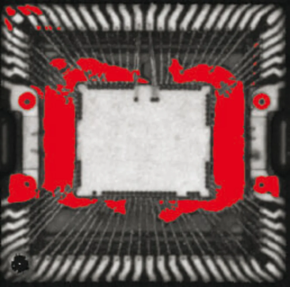 C-Scan mode of Scanning Acoustic Microscopy. Planar mapping of an IC sample Delaminated areas are red.