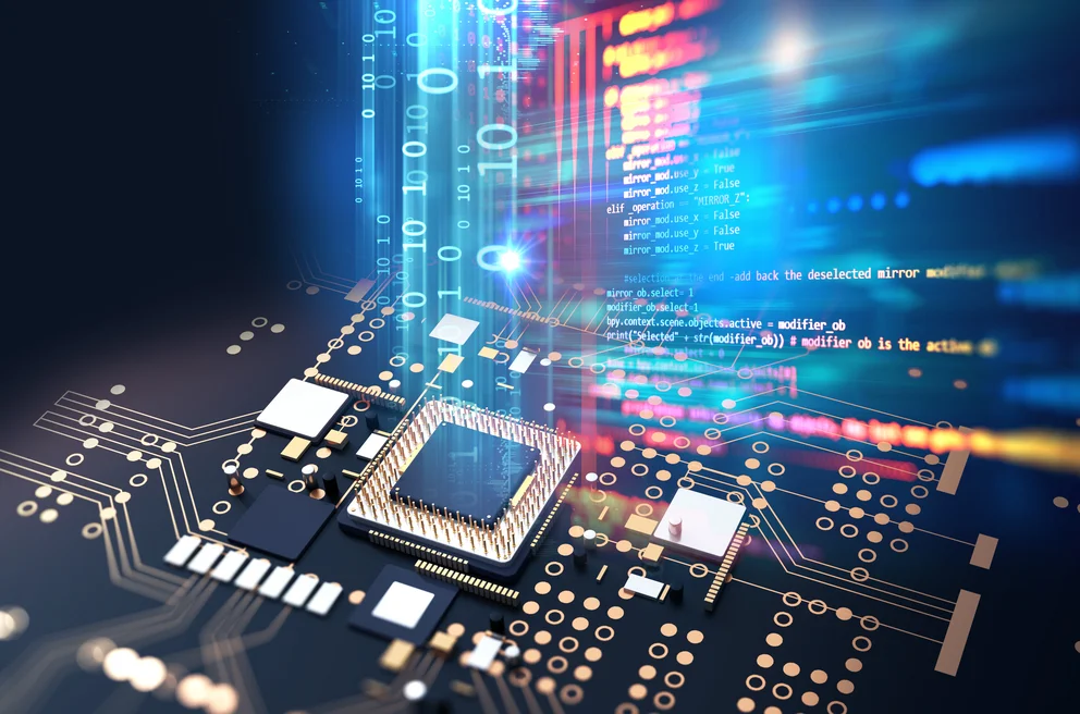  microchip on a circuit board with glowing digital light effects