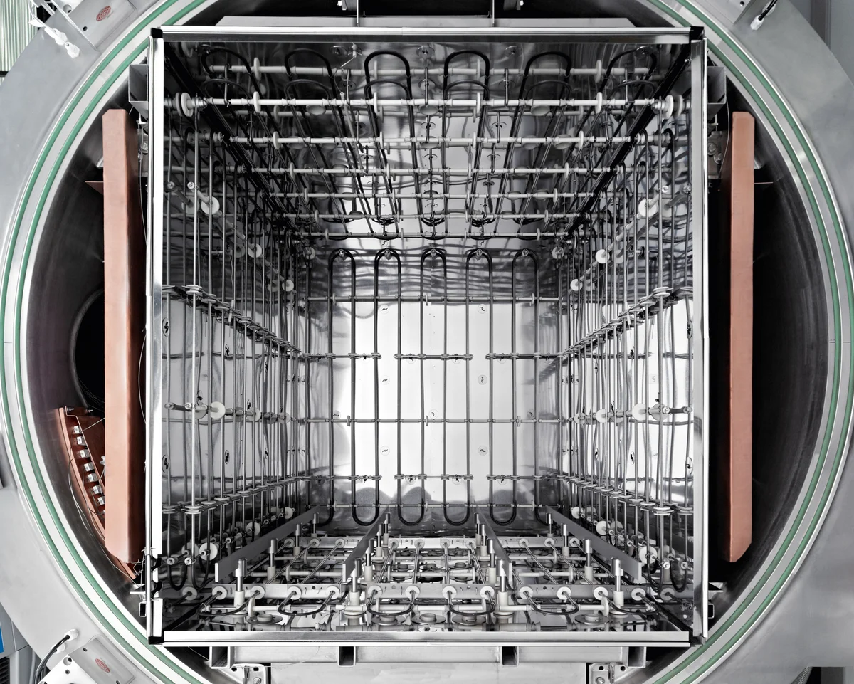 View into the vessel of a high vacuum brazing furnace