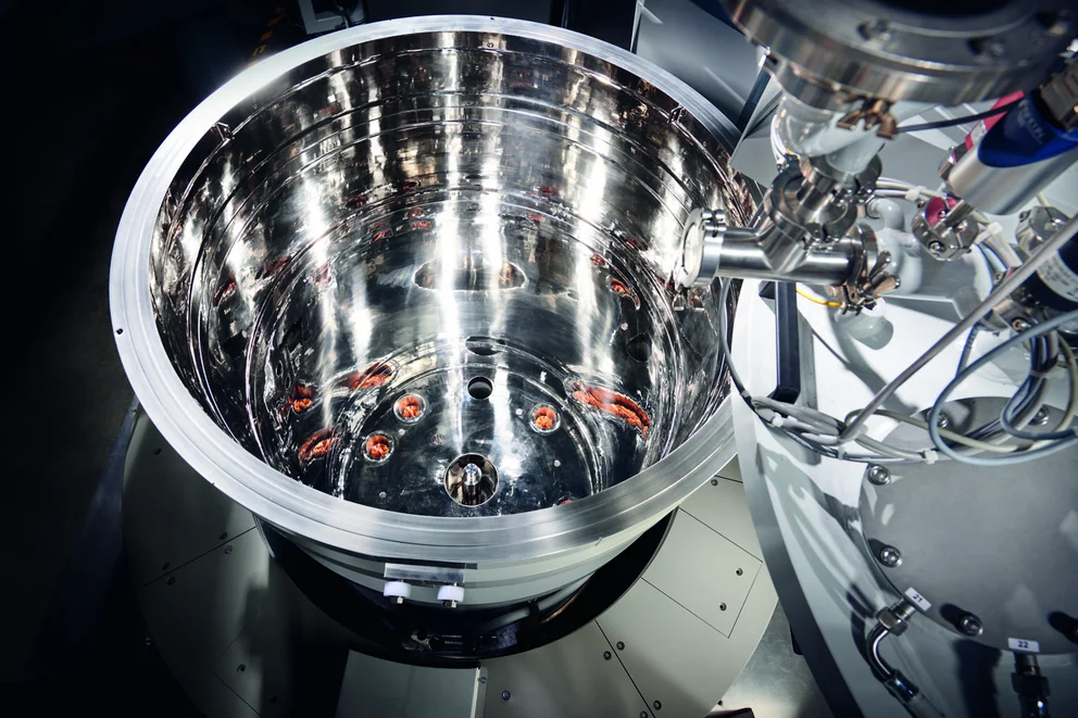 Interior view of a Czochralski crystal growth chamber