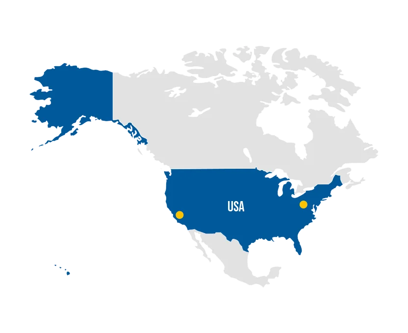 Map of Nprth America highlighting the United States in blue, indicating PVA TePla locations in the region