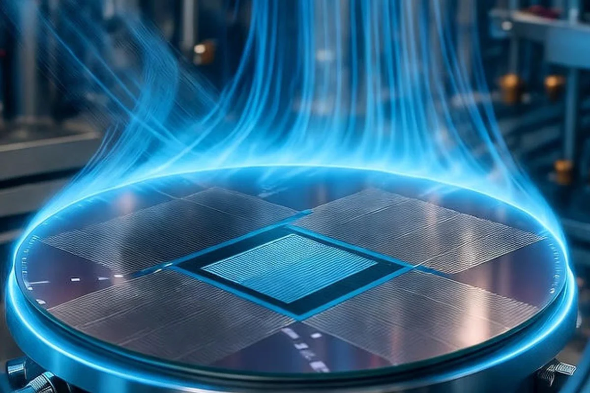 AI-generated illustration of a semiconductor wafer with glowing blue energy effects.