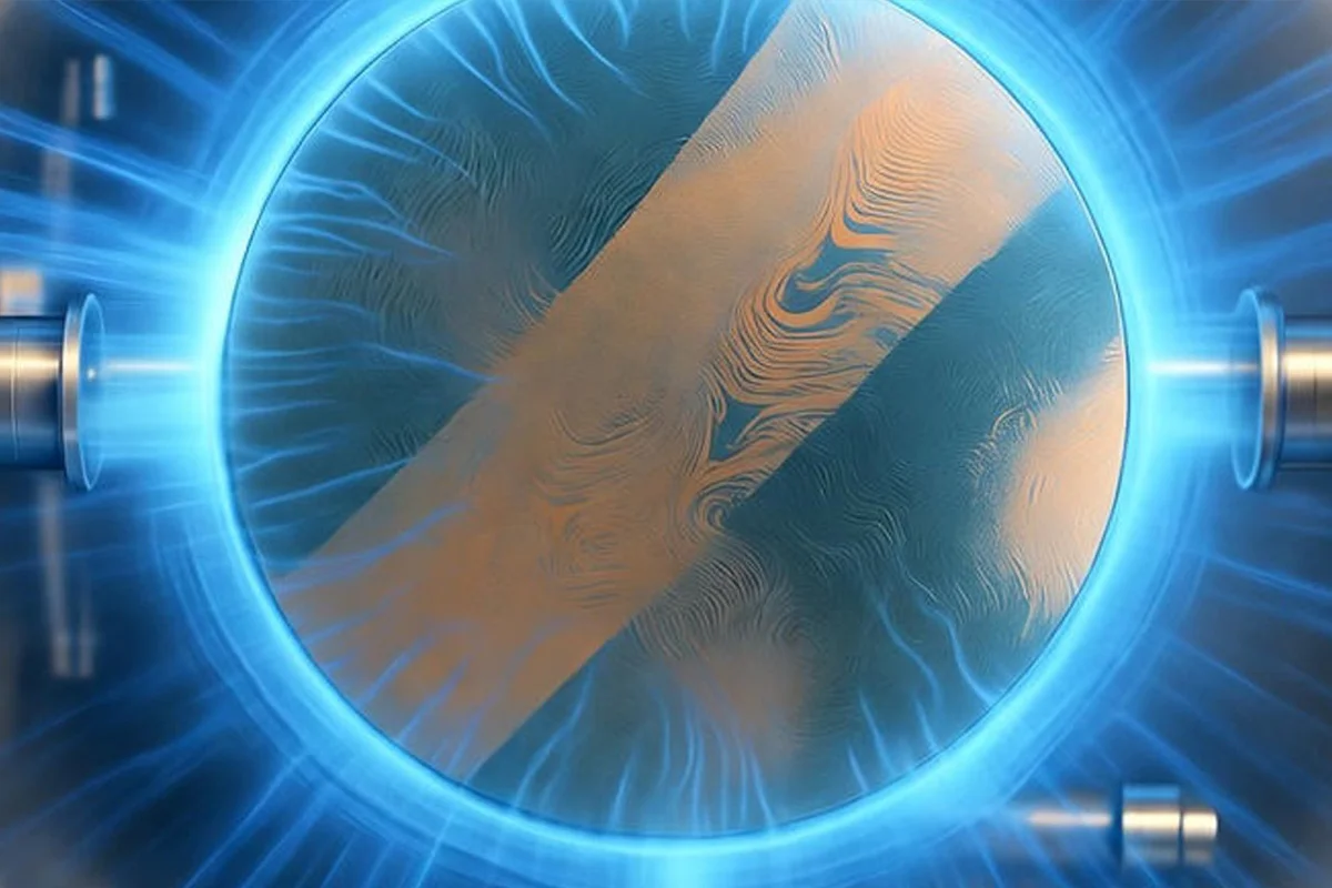 AI-generated illustration of a wafer inside a glowing plasma chamber.