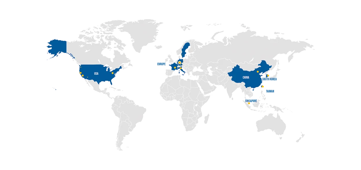 Worldmap highlighting the United States, Germany, France, Italy, China, South Korea, Taiwan and Singapore in blue, indicating PVA TePla locations in the region